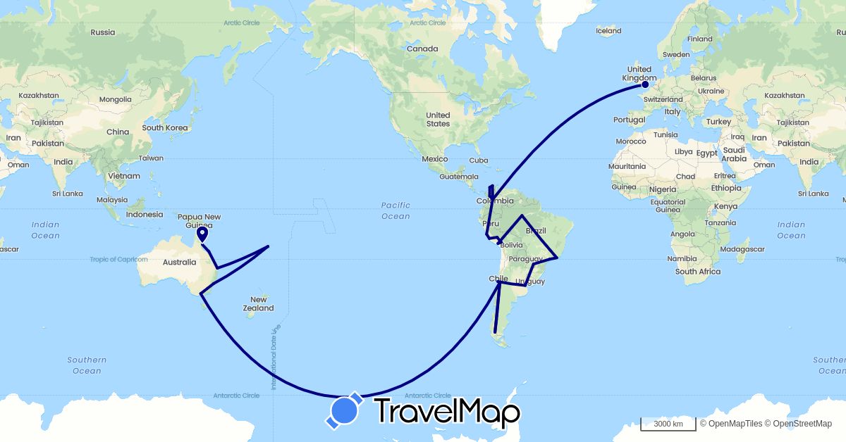 TravelMap itinerary: driving in Argentina, Australia, Brazil, Chile, Colombia, Fiji, United Kingdom, Peru (Europe, Oceania, South America)