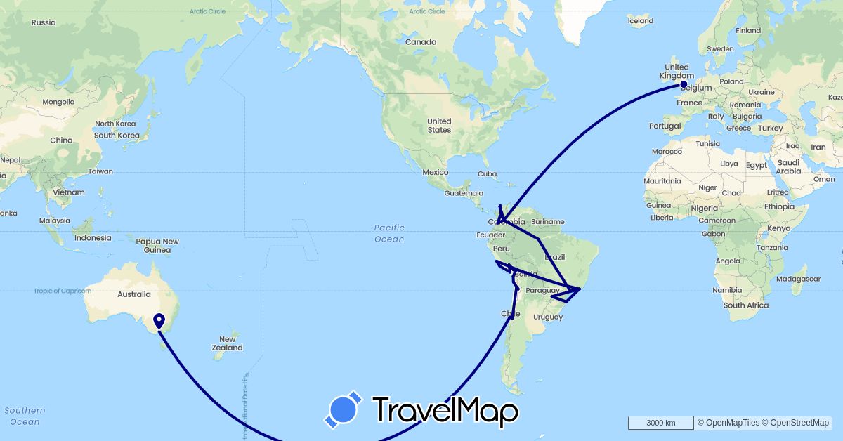 TravelMap itinerary: driving in Australia, Brazil, Chile, Colombia, United Kingdom, Peru (Europe, Oceania, South America)